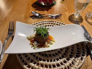 Eggplant & mushroom no-meatball on tomato sauce   at I-tal in Castries City