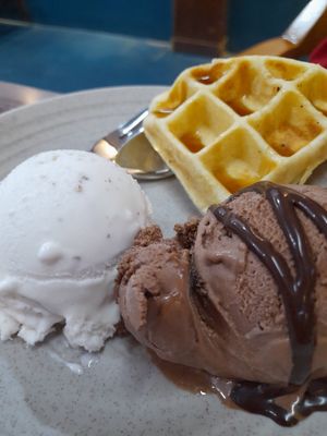 Chocolate and vanilla vegan icecream and a waffle at Thanh Glado in Ho Chi Minh City