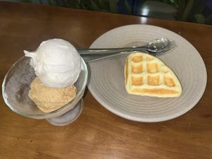 Vanilla and salted caramel scoops with a waffle  at Thanh Glado in Ho Chi Minh City