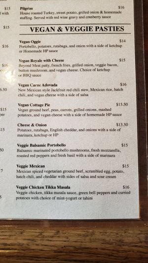 Veg menu at Cornish Pasty Co in Boulder City