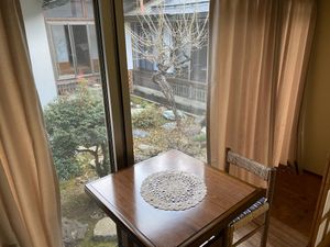Garden view inside room at Yochi-in Temple Pilgrim's Lodging in Koya