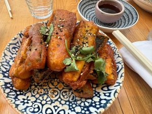 Fried eggplant entree, very generous portion and delicious   at Little Pearl in Manly
