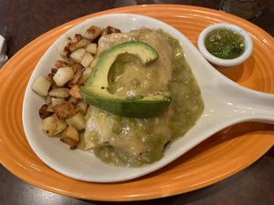 Vegan burrito. Delicious salsa verde at Blue Sky Cafe in Lakewood