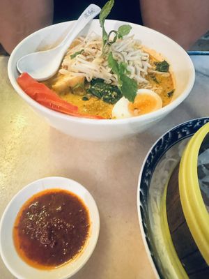 Tofu coconut noodle soup (minus egg for vegan)  at Ho Jiak in Haymarket