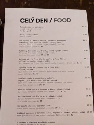 Menu at Roesel - beer & food in Prague