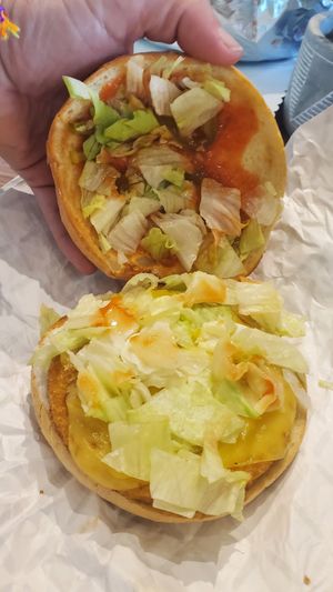 Inside vegan chicken jalapenos burger at Tera V Burger in Vancouver