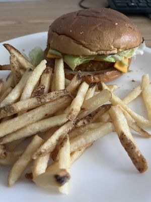 Chicken burger with fries  at Tera V Burger in Vancouver