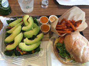 No bull burger with yam fries and kale and quinoa salad at Tera V Burger in Vancouver