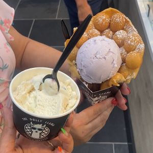 The waffles r NOT vegan ☹️ but they have 2 vegan icecream flavors (birthday cake & peanut butter chocolate) They’re both creamy & reminiscent of soft serve & cones are vegan. at The Dolly Llama in Winter Garden