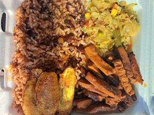 Sweet and Sour Vege Chicken with rice and peas, cabbage, and plantains at Roots Plant Based Cafe in Byron
