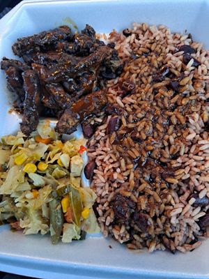 Jamican Jerk Vege Chicken, rice and peas, and cabbage at Roots Plant Based Cafe in Byron