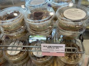 Vegan overnight oats in the cooler  at Voyager Craft Coffee in Cupertino