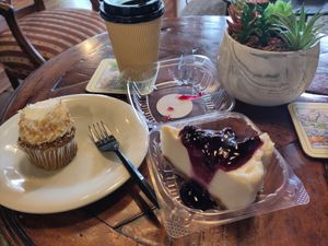 Cheezcake 7$, coconut muffin (both vegan) at Soleil Bakery & Social House in Ocala