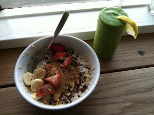 Oatmeal and apple-ginger-greens smoothie! My favorite breakfast! at Canteen in Portland