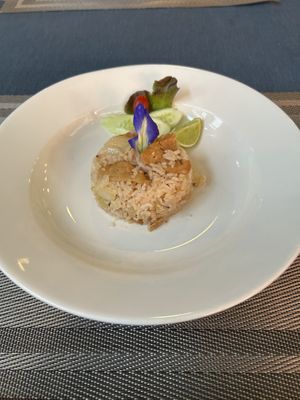 Rice dish with some kind of fake chicken  at Na Vayla Paplern-Vegan Restaurant in Bangkok