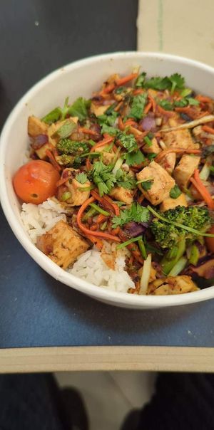 Rice bowl made vegan with tofu at YVR - Bánh Shop - Gate E84 in Richmond
