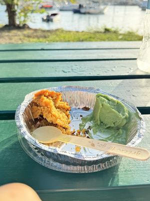 Corn cake and ice cream by the waters edge   at Vegan Vibes in St Georges