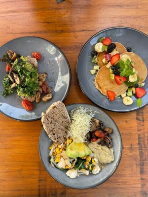 Cinnamon vegan pancakes, tofu scramble and avocado toast at Alegría Cafetería Tulum in Tulum