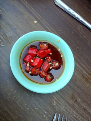 Extra vegan chilli sauce (instead of chilli's in fish sauce) at Joy's Place in Pai