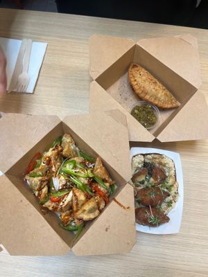 a mix of all the available wontons, empanada and kibbeh -- so good! at Salt N Fire in Inverness