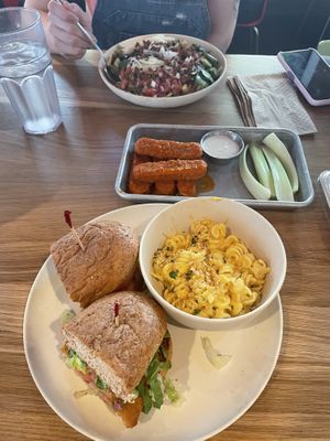 Santa Fe chikn with mac and cheese. Skip the mac and cheese but the rest was great. Buffalo wings are like coated chikn tenders   at Veggie Grill by Next Level in Portland