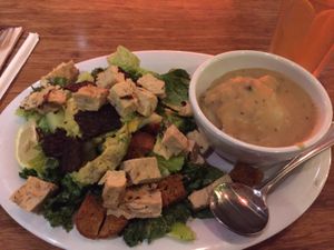 kale Caesar with grilled chick'n and side of cauli-potato mash at Veggie Grill by Next Level in Portland