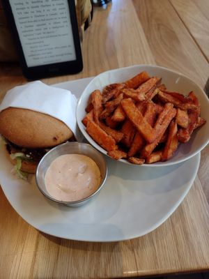 Beyond Burger and Sweet Potato Fries at Veggie Grill by Next Level in Portland
