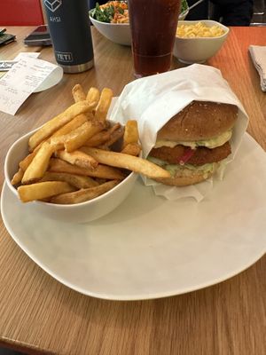 Santa Fe Chick'n ($11.50) with side of fries ($3.50 including price for drink) - pretty yummy but burger could've used more spice in my opinion   at Veggie Grill by Next Level in Portland