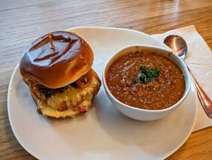 Pesto Chik'n Parm Sandwich and Housemade Lentil Soup at Veggie Grill by Next Level in Portland