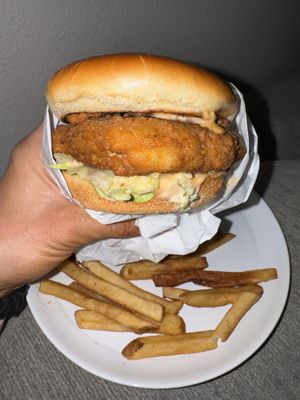White truffle “chicken” burger very good!  at Veggie Grill by Next Level in Portland