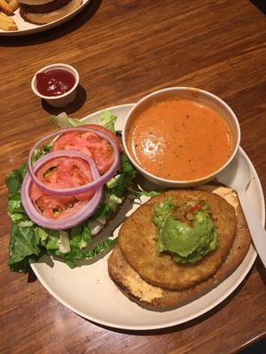 Chick’n sandwich and tomato basil soup  at Veggie Grill by Next Level in Portland