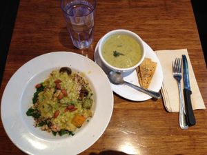 Harvest Bowl and asparagus soup  at Veggie Grill by Next Level in Portland