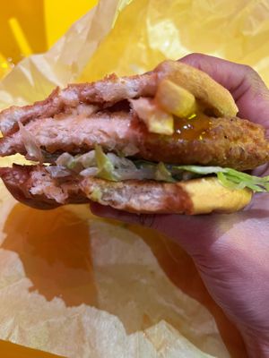 Added some fries to the not chicken burger at Mr.Charlie's - San Francisco in San Francisco