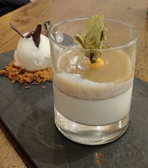 Pear panna cotta with lemon sorbet at The Keep Garden Kitchen in Salzburg