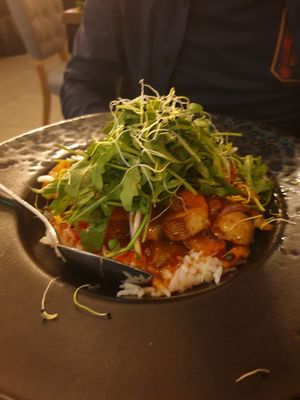 Basmati rice with tofu in a sweet sour sauce and vegetables at The Keep Garden Kitchen in Salzburg