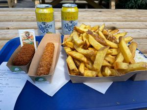 Vegan Koket, vegan Kipcorn and Fries Special  at Vlaams Friethuis de Meeuw in Katwijk Aan Zee