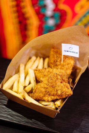 Chick*n & chips at Nutsy Coffee Bar in Hong Kong Island