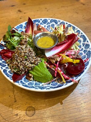 Gut-loving bowl, organic quinoa, beetroot, poached pear, apple, avocado, maple dressing at The Pig & Sty in Ashford