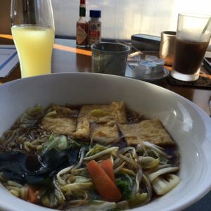 Ramen with cabbage, carrots and fried tofu at Prunus in Kyoto