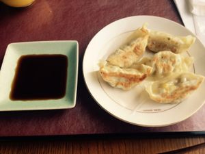 Gyoza dumplings with organic soy sauce at Prunus in Kyoto