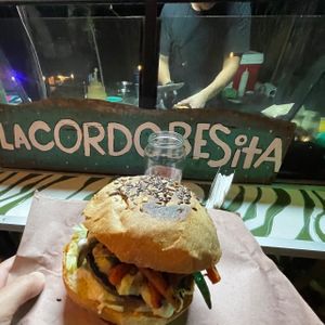 Jackfruit burger (definitely not the best photo but the burger is great) at La Cordobesita - La Veleta in Tulum