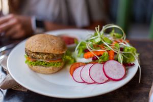 Veggie burger with mixed salad (95 bht) at Dada Kafe in Chiang Mai