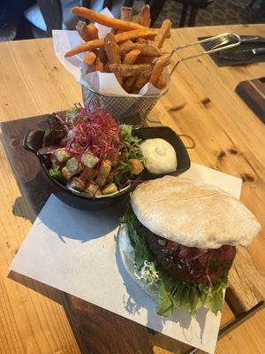 Osterzwam truffle burger with sweet potato fries and a truffle mayo.   at Breakaway in Sint Geertruid