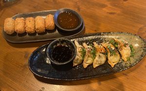 Rendang croquettes (tasty, a bit spicy) and gyozos (fried,  tasty)  at Breakaway in Sint Geertruid
