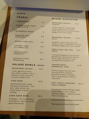 Diner menu at Breakaway in Sint Geertruid