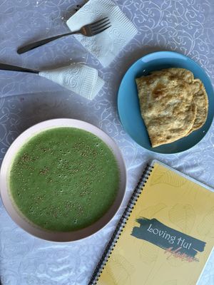 Spinach cream soup & khuushuurs   at Loving Hut - 10 khoroolol/10-р хороолол in Ulaanbaatar