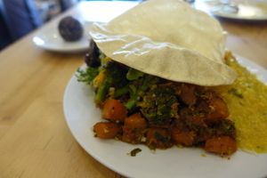 Curry, rice, salad and pappadum at Hari's Vegetarian in Haymarket
