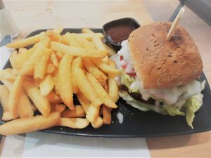 Best hamburger and fries! at Hari's Vegetarian in Haymarket