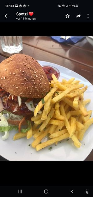 Cheeseburger mit Pommes at Cafe Erde in Graz