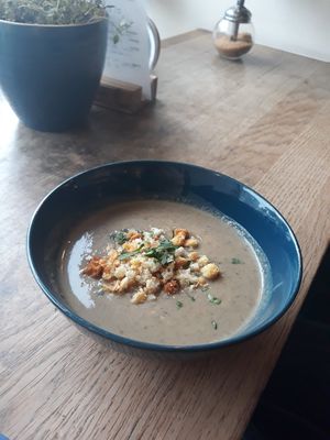 Mushroom soup, yum!! at Cafe Erde in Graz